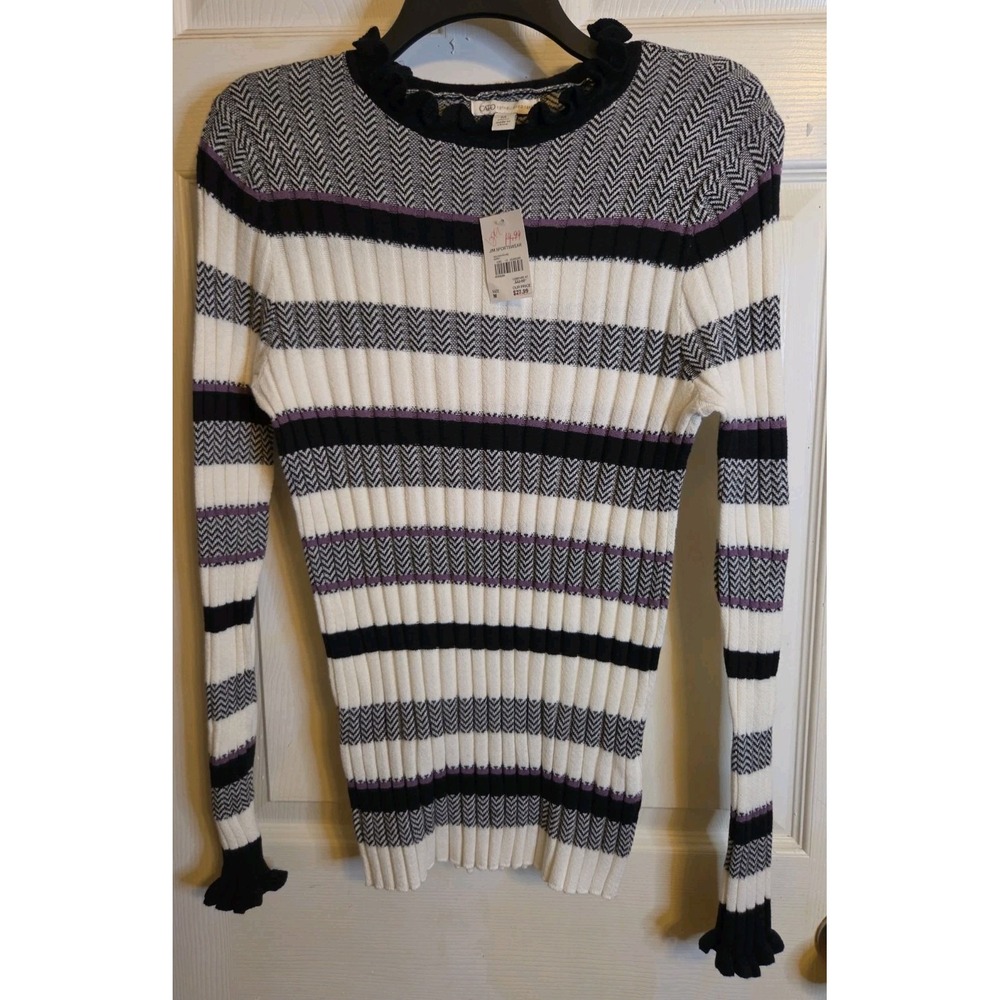 Cato Women's M Sweater Black White Purple Striped Ribbed Knit Ruffle Trim NWT